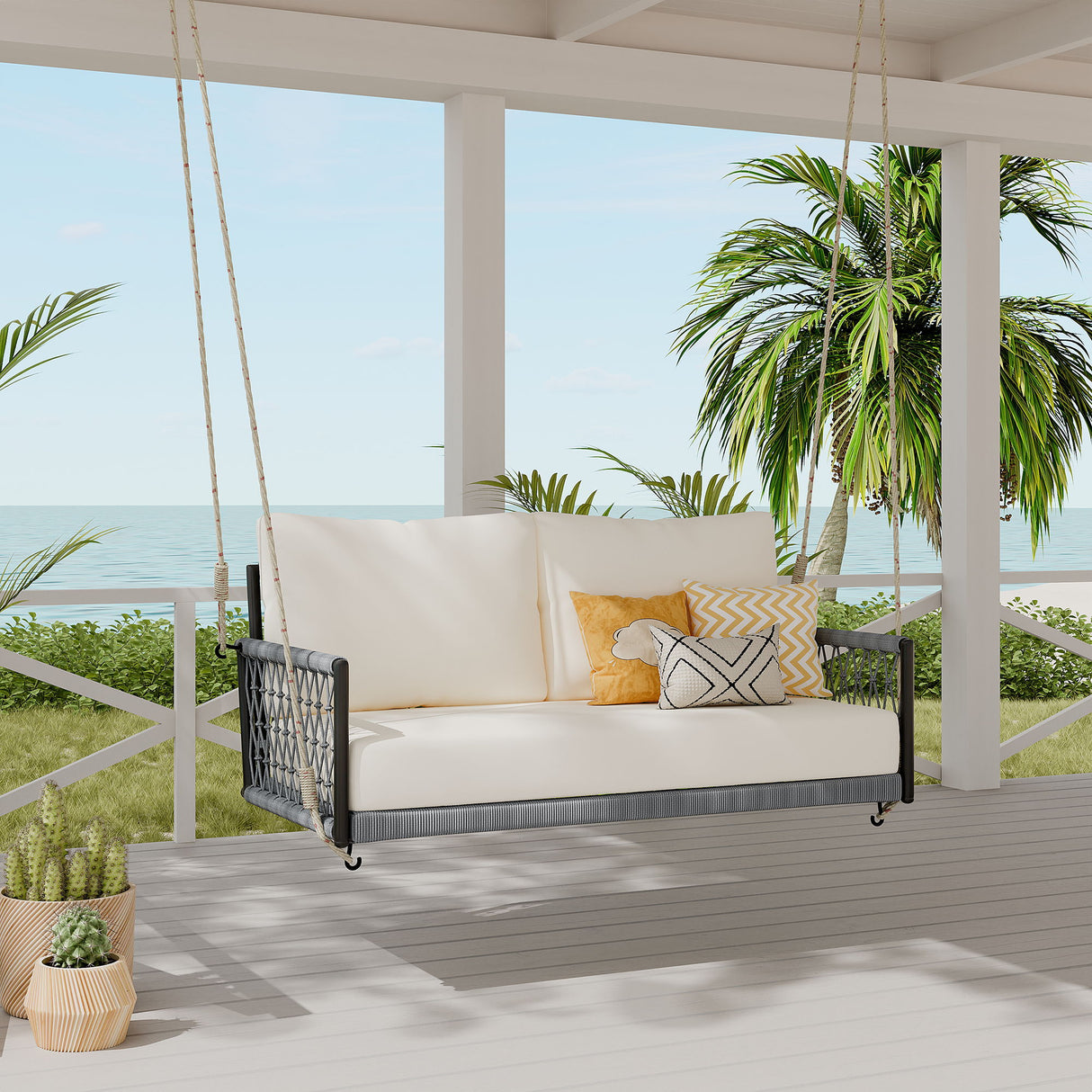 Outdoor Swing Sofa With Soft Cushions For Patio - Beige