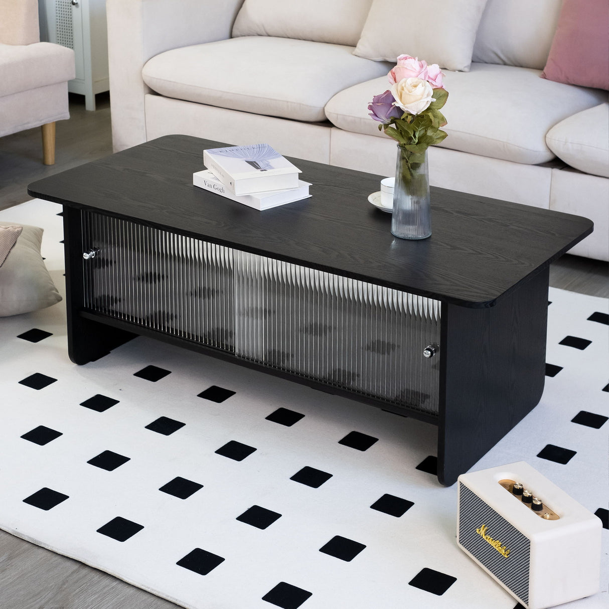 Rectangular Coffee Table With Sliding Door Storage Center