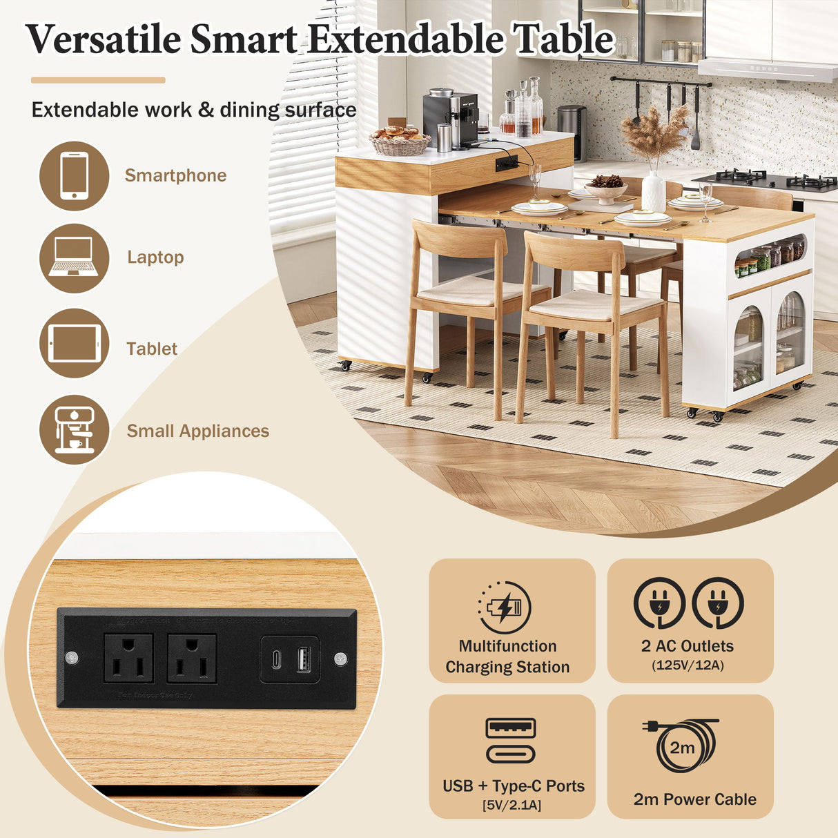 Extendable Dining Table With Folding Top, Rolling Kitchen Island With Drawers And Power Outlet