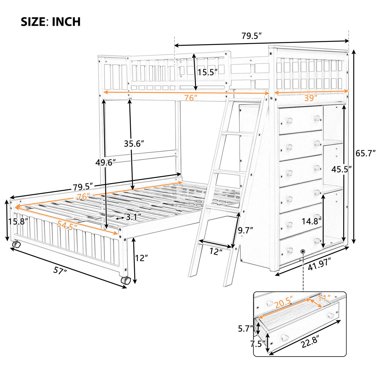 Twin Over Full Bunk Bed With 6 Drawers And Flexible Shelves, Bottom Bed With Wheels - Gray