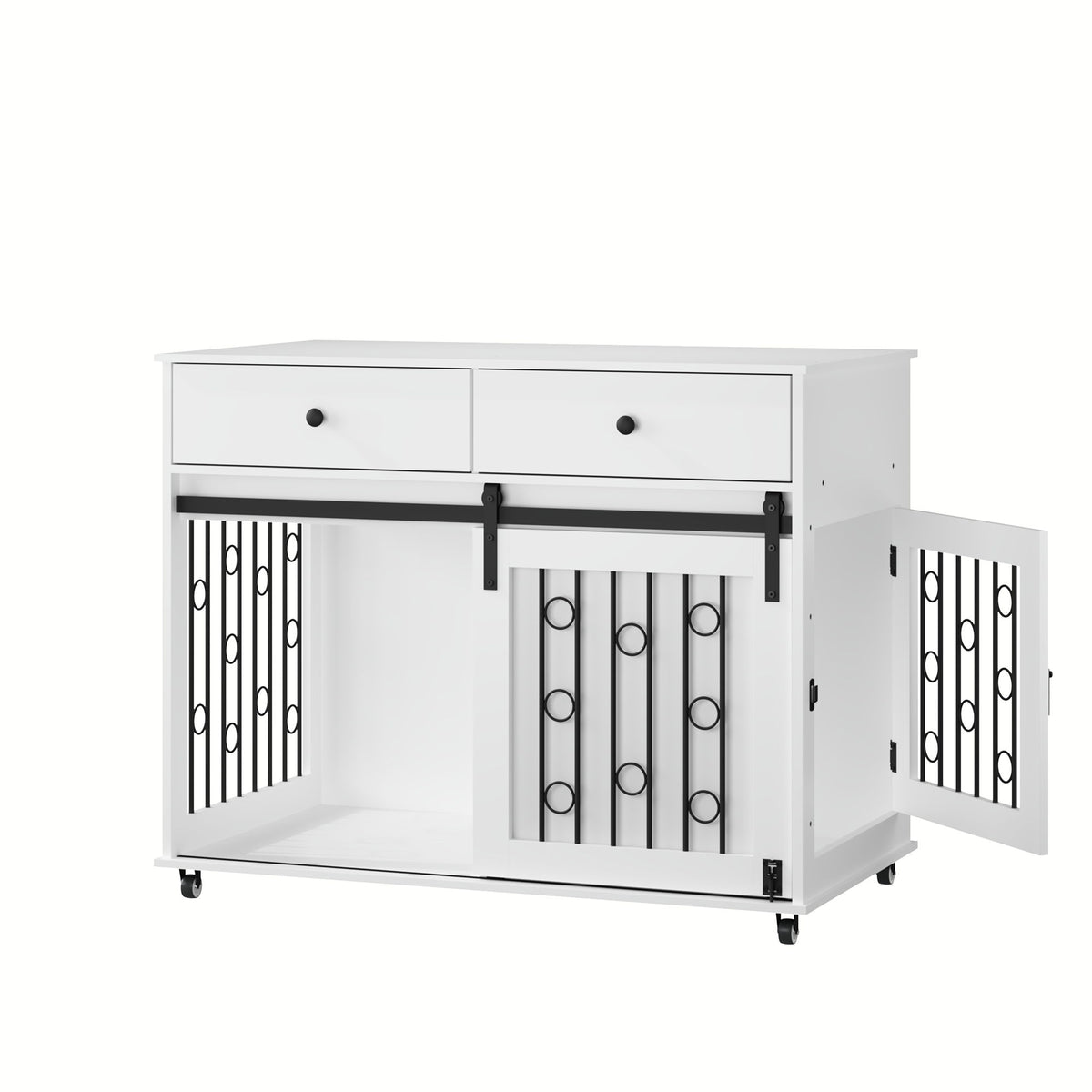 Dog Crate Furniture With Double Drawers And Sliding Barn Door, Pet Kennel For Small To Medium Dogs - White