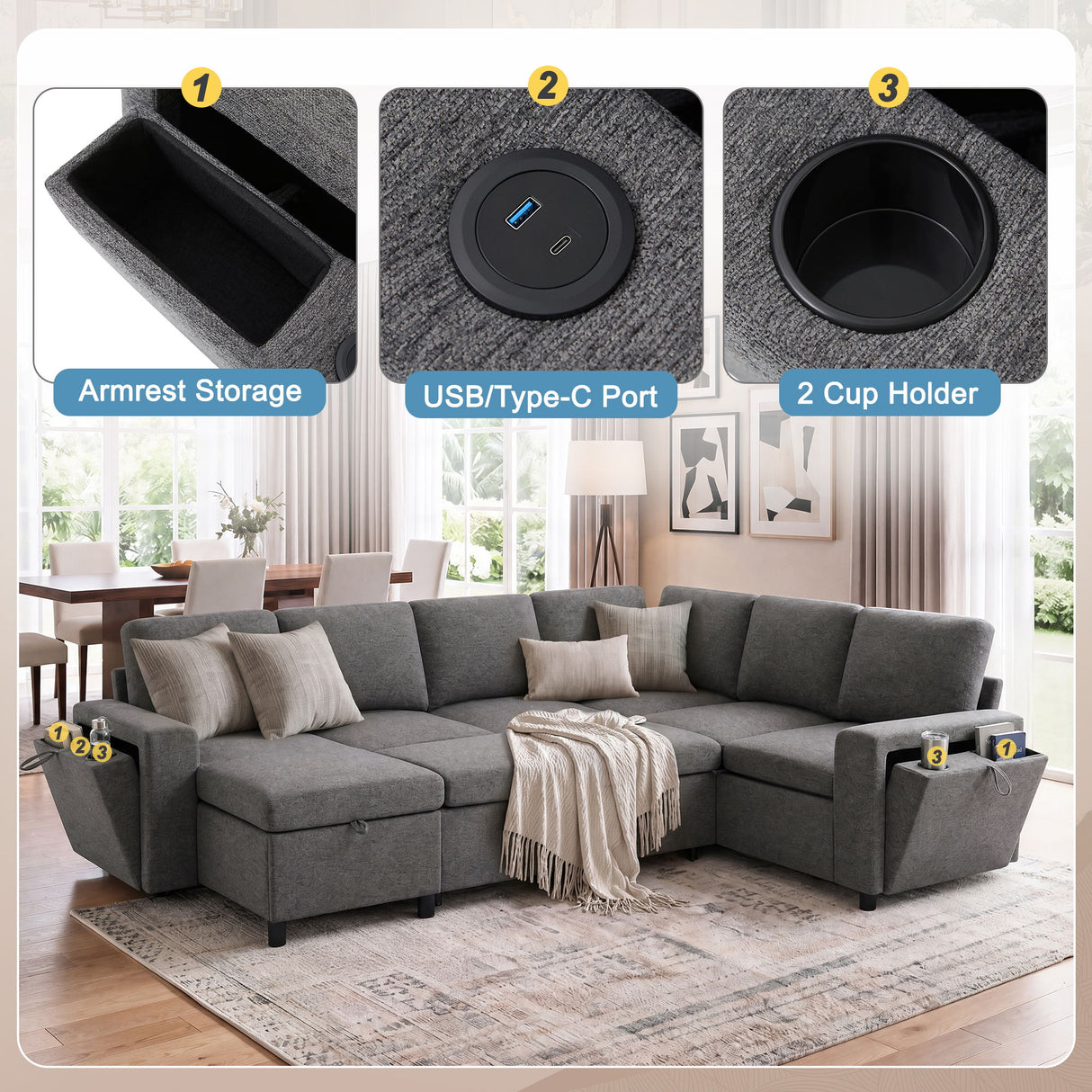 U - Shaped Convertible Sectional Sofa Bed With Storage, USB Charger & Cup Holders