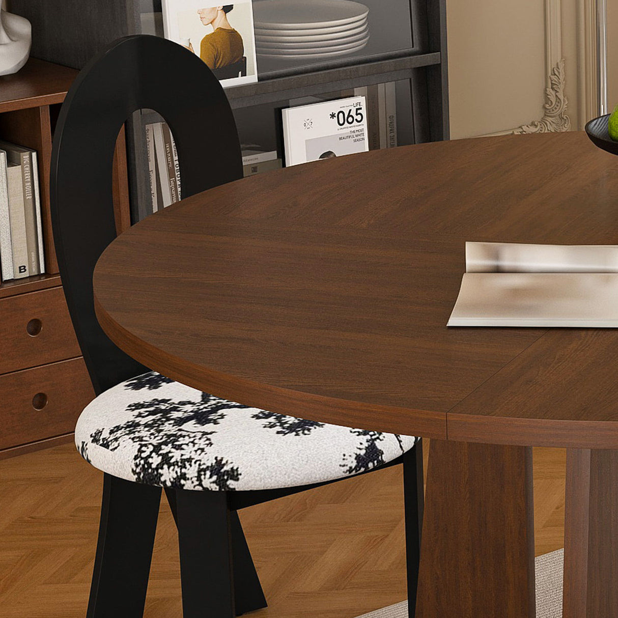 Round Dining Table For 4 With 4 Upholstered Chairs - Walnut / Black