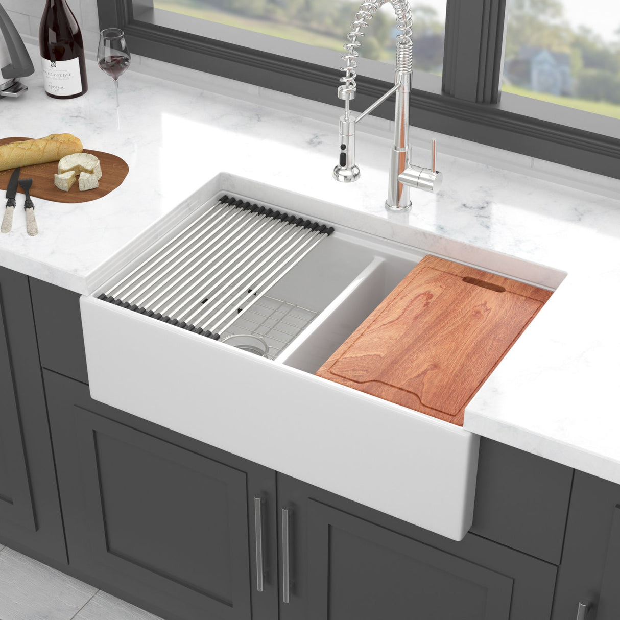 Farmhouse Sink Workstation 33" Ceramic Double Bowl Kitchen Sink With Ledges - White