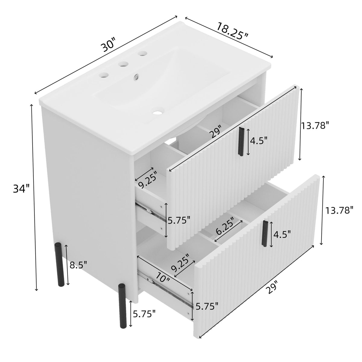 Fluted Bathroom Vanity With Ceramic Sink, Freestanding Design