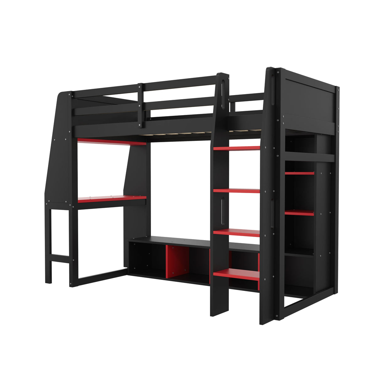Gaming Loft Bed With Desk, Multi Storage Shelves, LED Lighting, And Hanging Clothes Rack