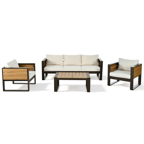 Large 4-Piece Aluminum Frame Outdoor Patio Furniture Set Beige Cushions