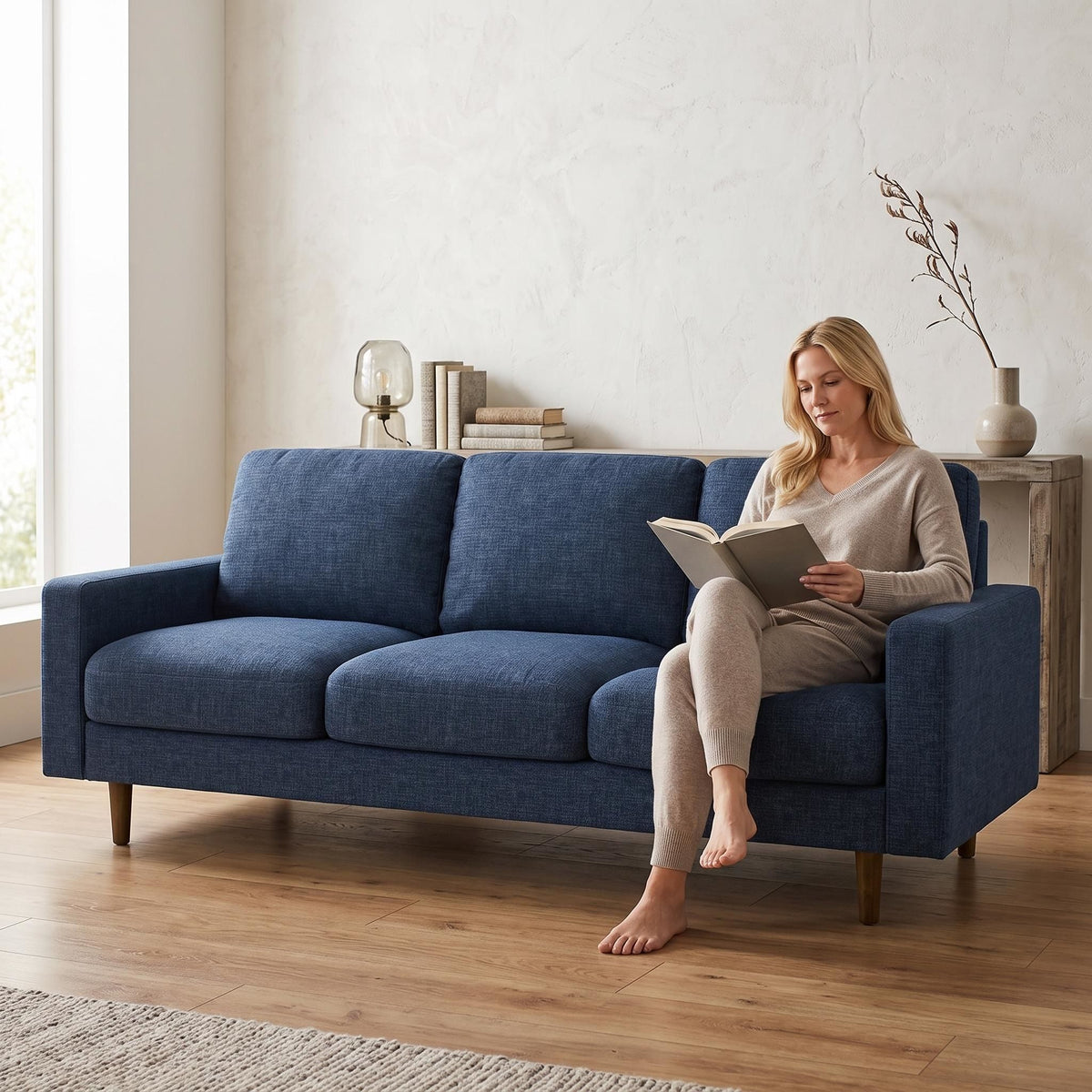Modern Upholstered 3‑Seat Sofa Couch, Polyester Fabric Sofa With Accent Pillows, Loose Back Cushion For Living Room Apartment - Dark Blue