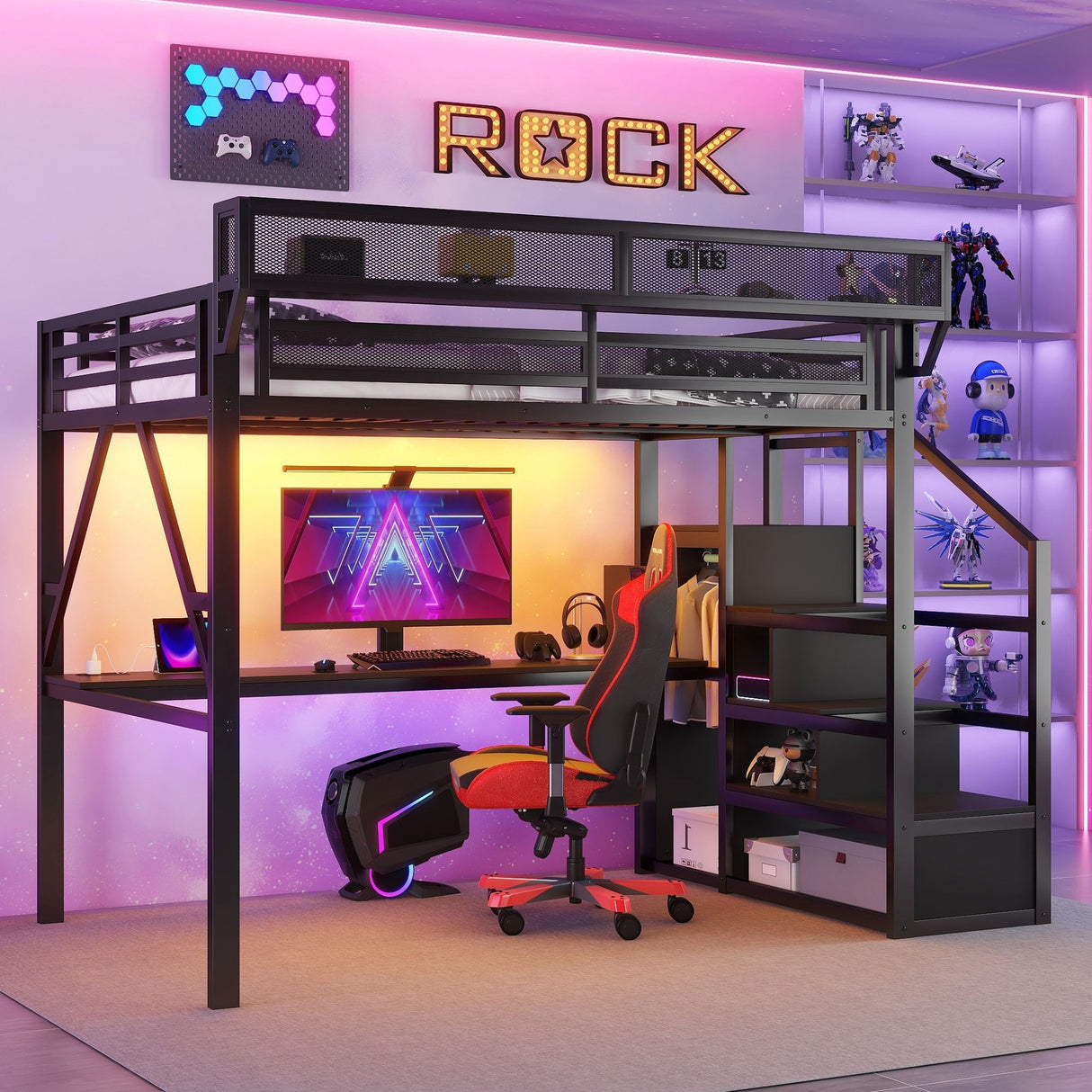 Loft Bed With Desk And Charging Station With Stairs And Light