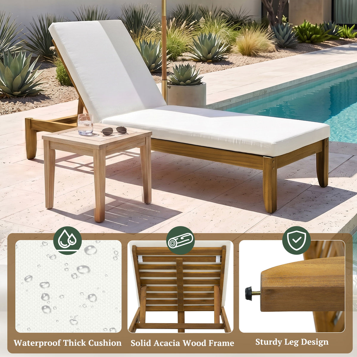 Adjustable Outdoor Patio Lounge Chair Chaise Lounge - Beige / Natural