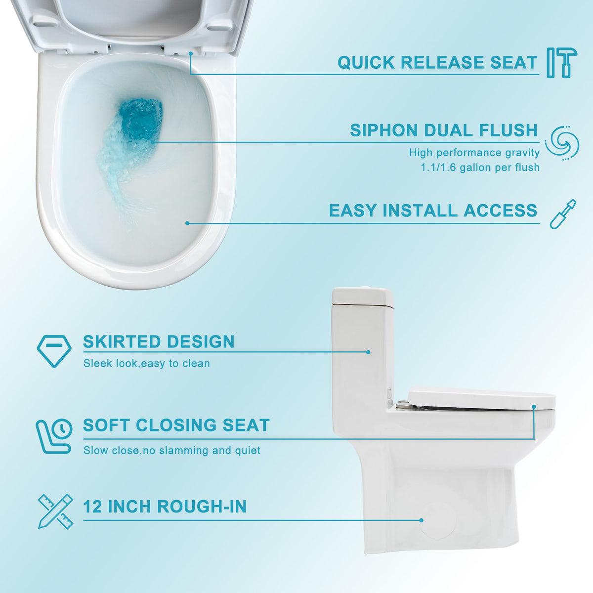 1 Piece Toilet For Bathroom, Dual Flush 1.1 / 1.6 Gpf, Soft Closing Seat - White