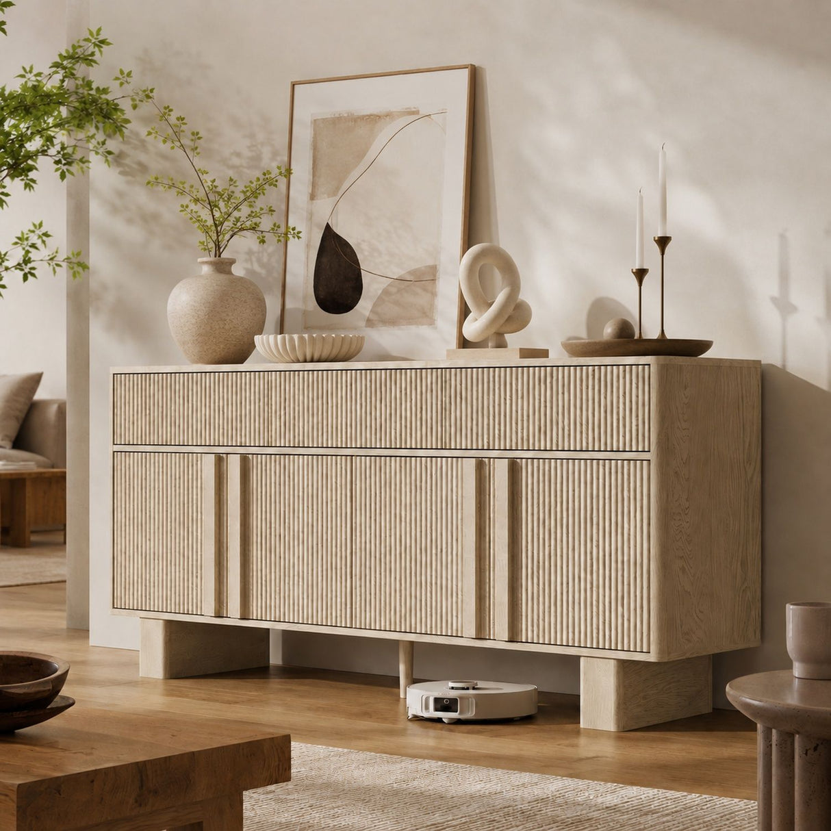 Sideboard Buffet Cabinet With 3 Drawers And 4 Doors For Dining Room
