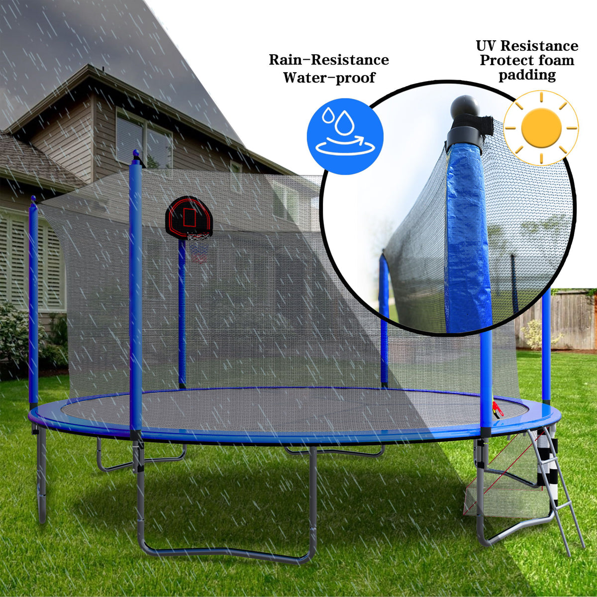 16Ft Trampoline With Basketball Hoop Pump And Ladder (Inner Safety Enclosure) With Soccer Goal - Blue