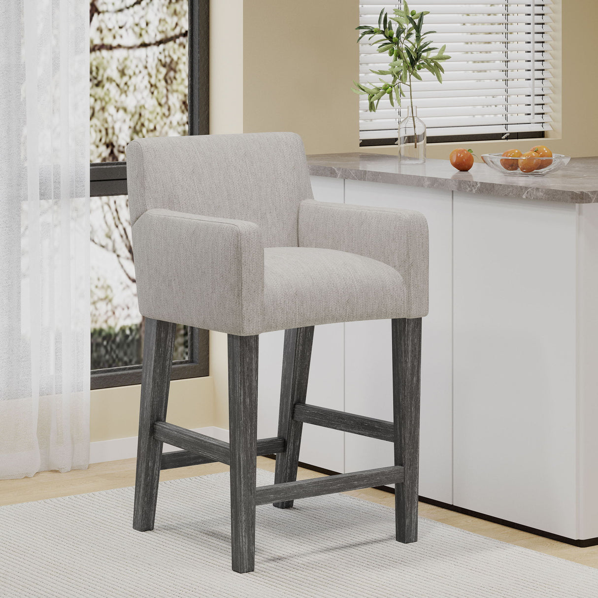 Charmed Upholstered Counter Stool With H Frame Base And Round Arms - Light Gray