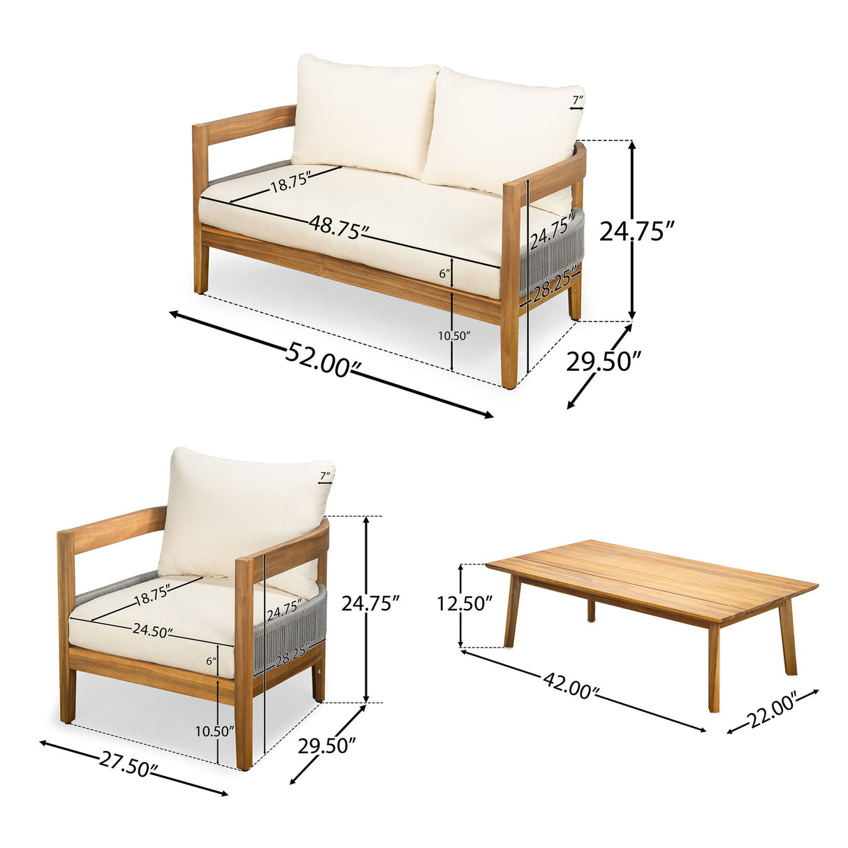 Porto - Outdoor 4 Piece Chat Set, Comfortable Seating, Acacia Wood And Rope, Compact Dimensions - Teak / Beige