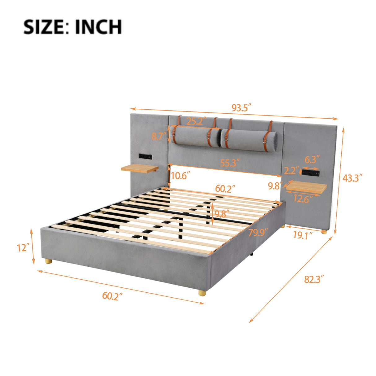 Upholstered Platform Bed, 2 Outlets And USB Charging Ports On Both Sides, 2 Bedside Pillows, Storage Shelves