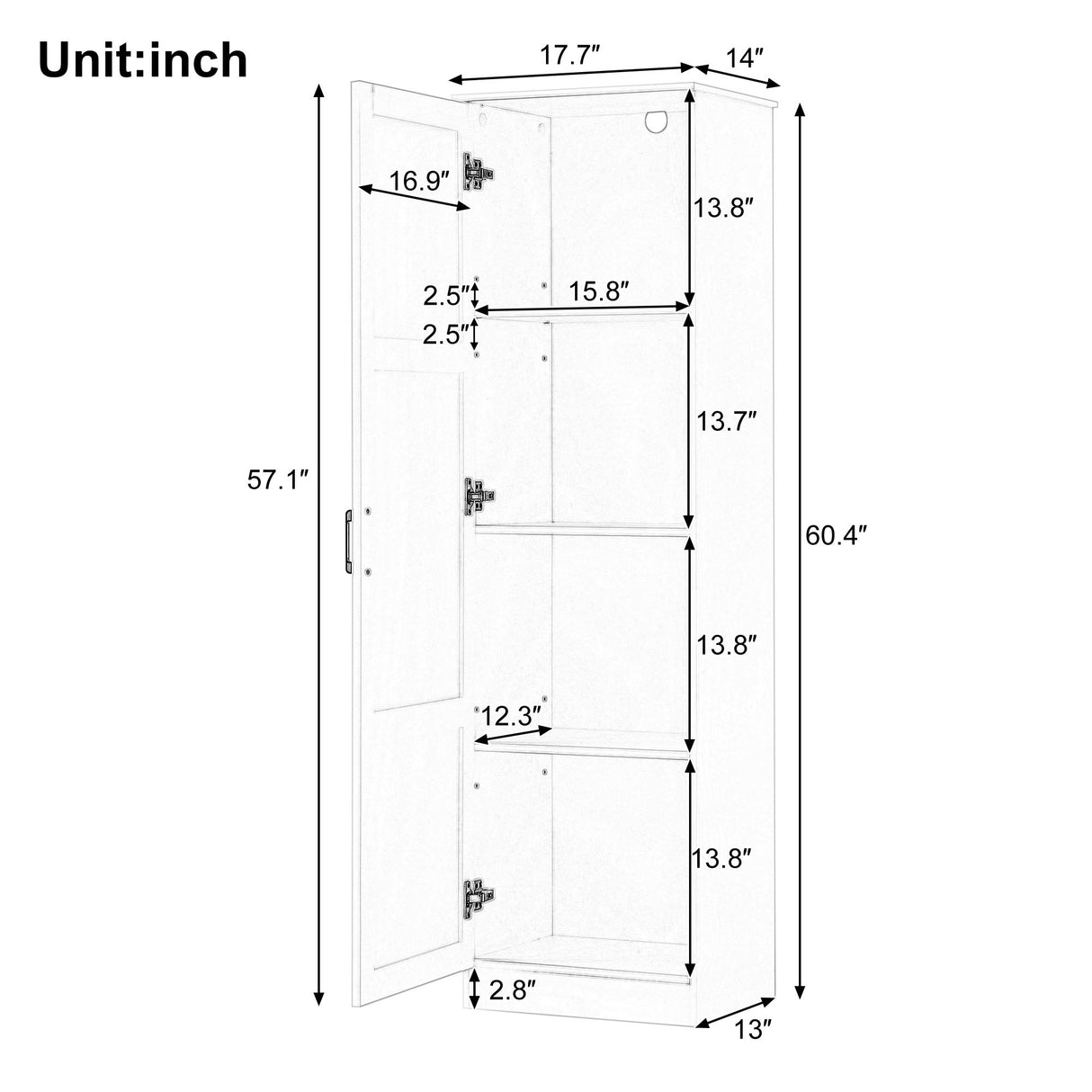 Storage Cabinet With 1 Door And Adjustable Shelf, Rectangle Shape - White
