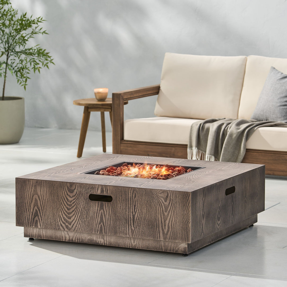 Outdoor Propane Fire Pit Table Iron Wood Pattern 50000 BTU Dark Brown