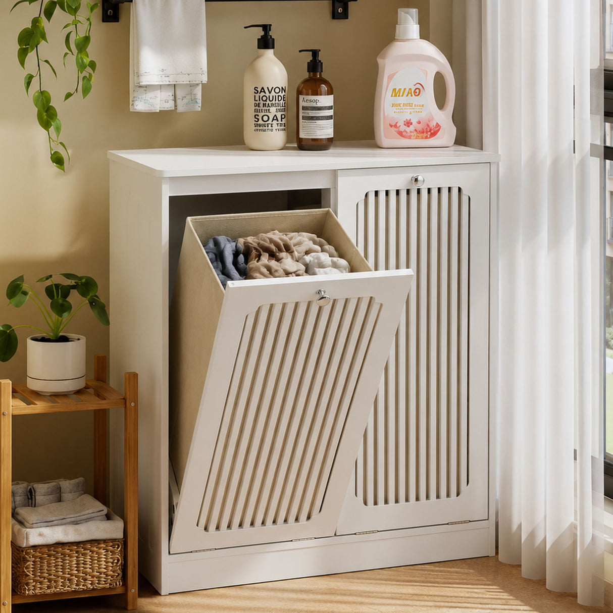 Louvered Flip Top Laundry Cabinet With Dual Fabric Baskets - White