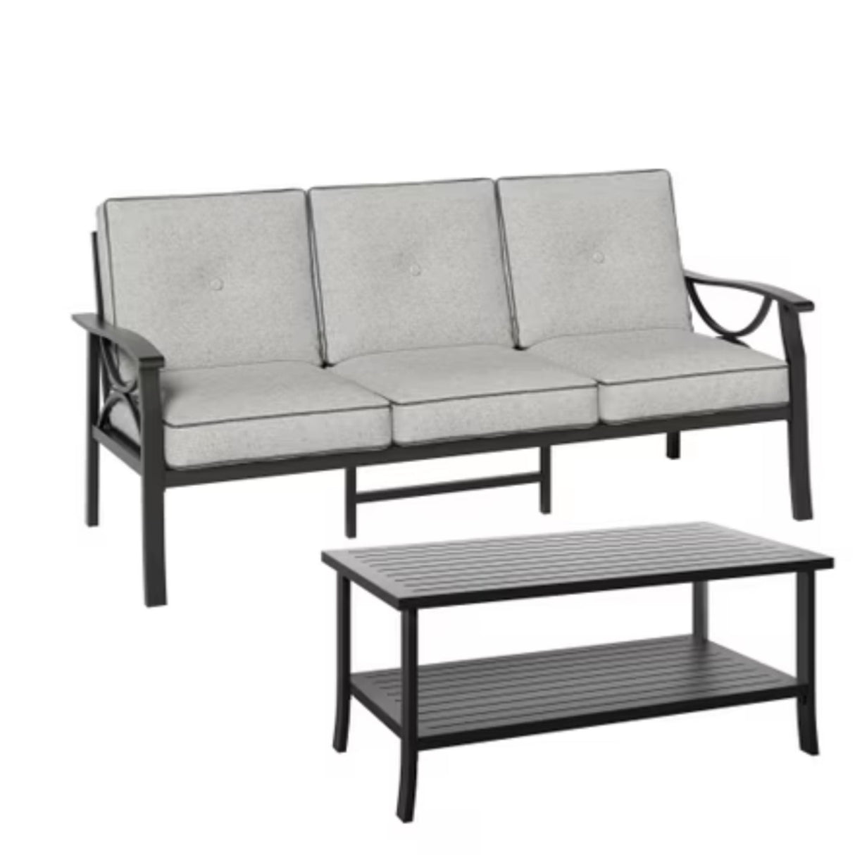 3 Piece Patio Furniture Set With Thick Cushions, Coffee Table For Backyard - Gray / Black