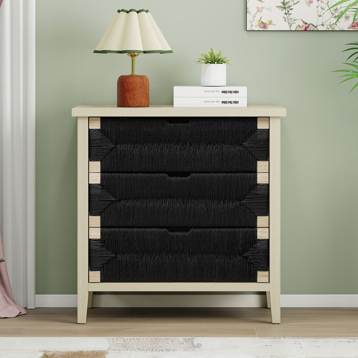 3 Drawer Buffet Sideboard With Adjustable Shelves, Storage Cabinet With Natural Seaweed Decor Doors For Living Room Kitchen Entryway - Natural