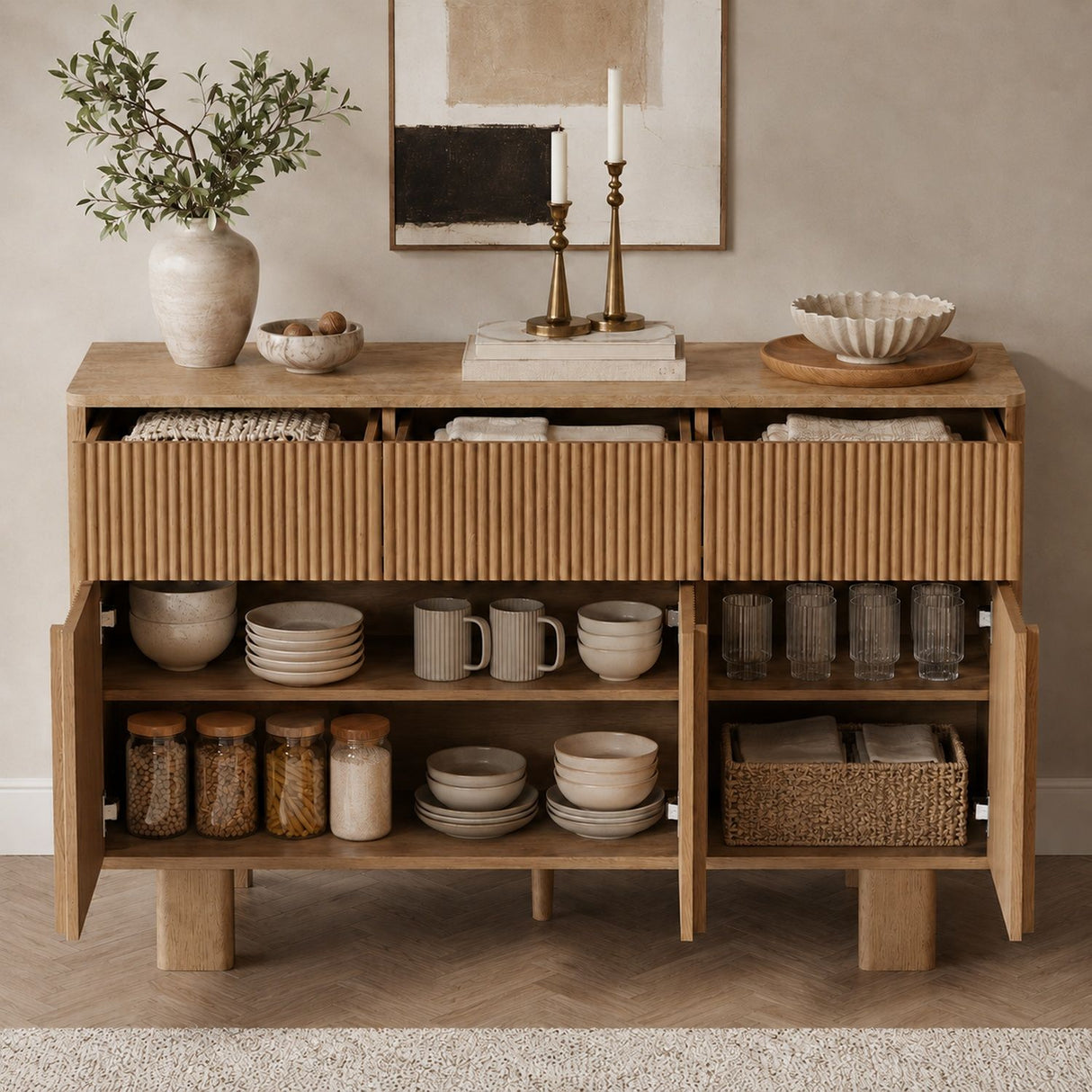 Curved Credenza, Wide Storage Cabinet For Dining Room