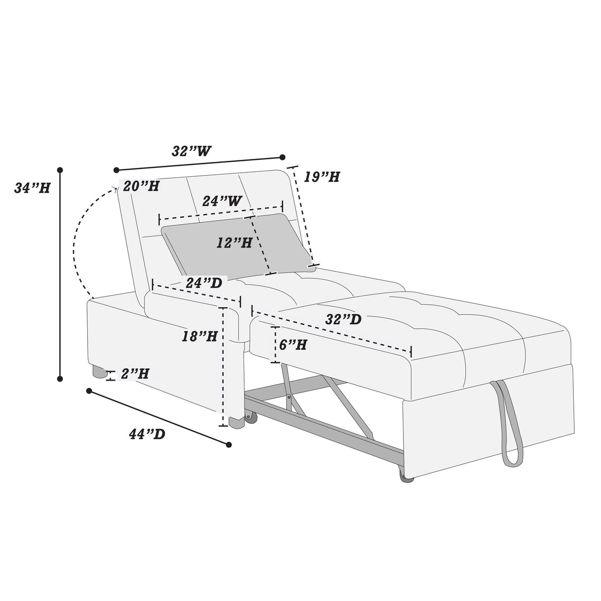 Sleeper Sofa Chair, Convertible Pull Out Bed Couch - Black