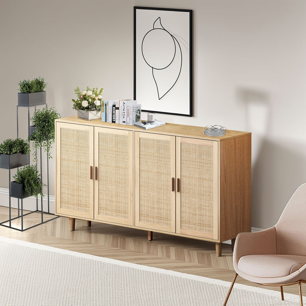 Elegant And Functional Rattan Decorative Storage Cabinet With 4 Doors
