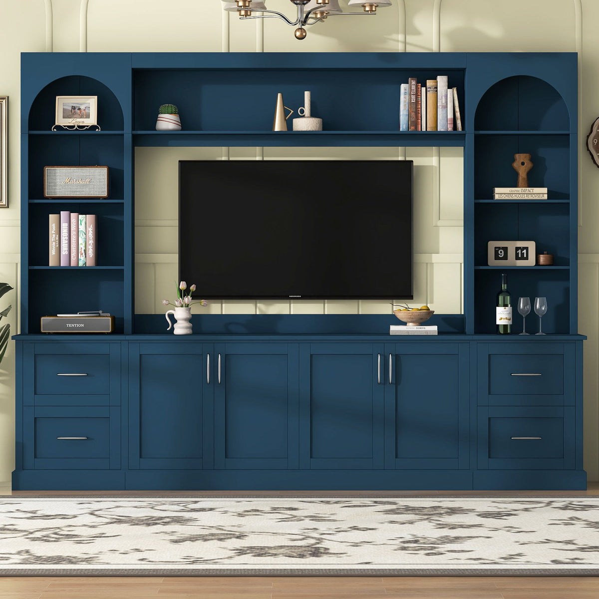 Arched Entertainment Center Wall Unit With Drawers With Adjustable Shelves For Living Room - Blue