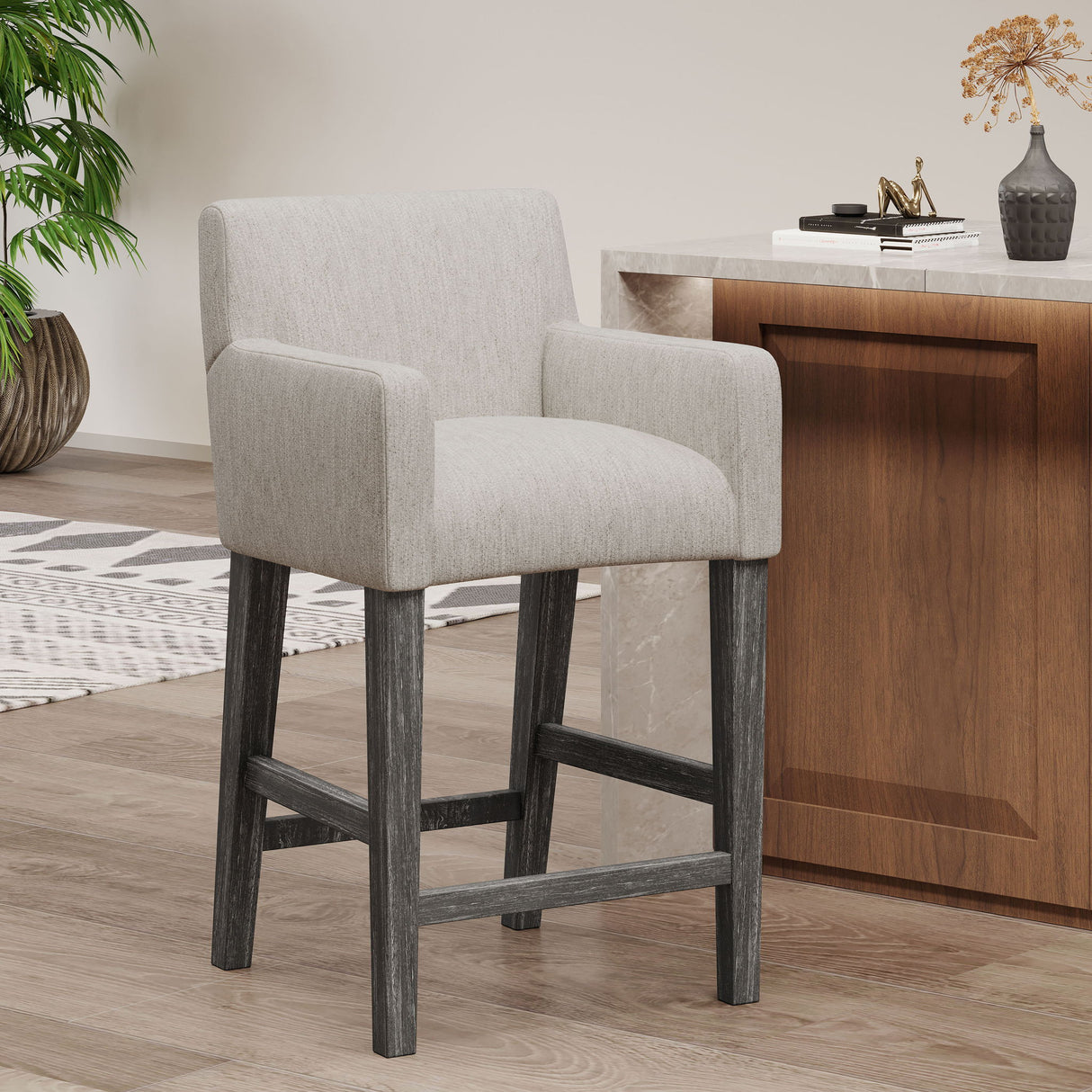 Charmed Upholstered Counter Stool With H Frame Base And Round Arms - Light Gray