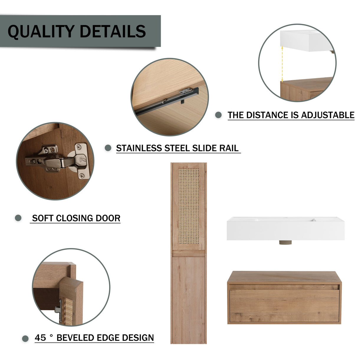 Contemporary Wall Mounted Bathroom Vanity With Resin Sink And 2 Side Cabinet - Imitative Oak