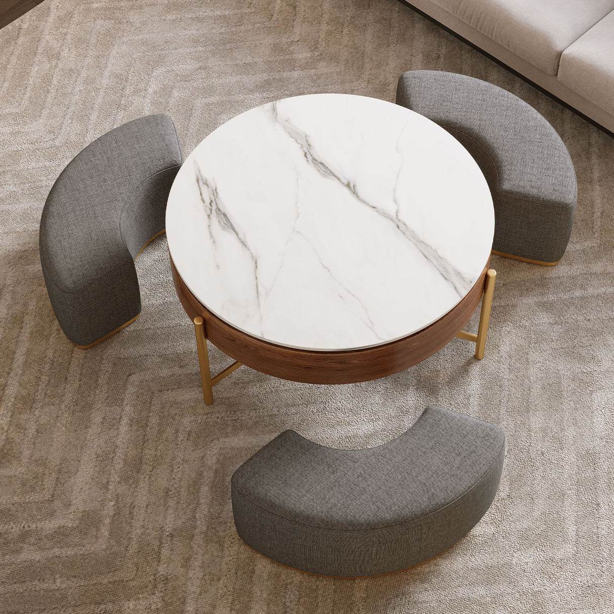 Lift Top Round Coffee Table With Hidden Storage, 3 Upholstered Nesting Ottomans - Brown / Gray / Golden / White