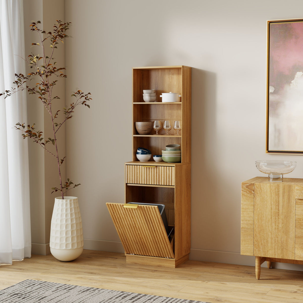 Tall Narrow Fluted Storage Cabinet With Trash Bin Compartment For Kitchen (Trash Can Not Included)