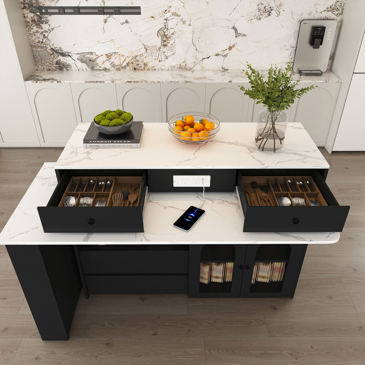 Kitchen Island With Extendable & Rotating Table