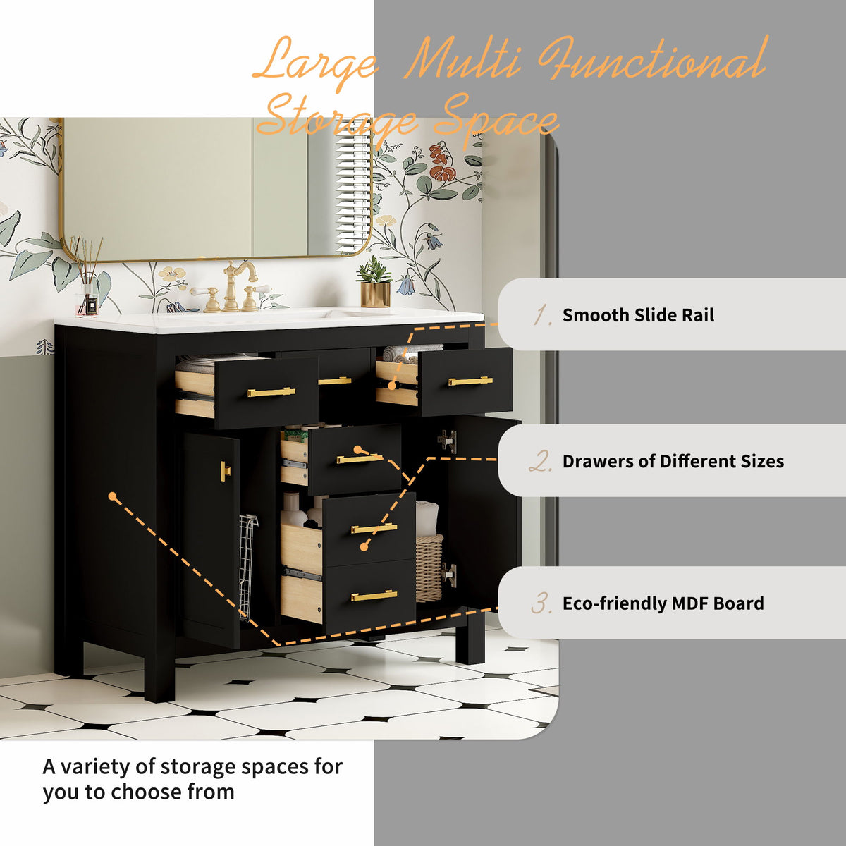 Bathroom Vanity With Sink, Cabinet With 4 Drawers & 2 Soft Close Doors, Rectangular Storage Unit For Bathroom