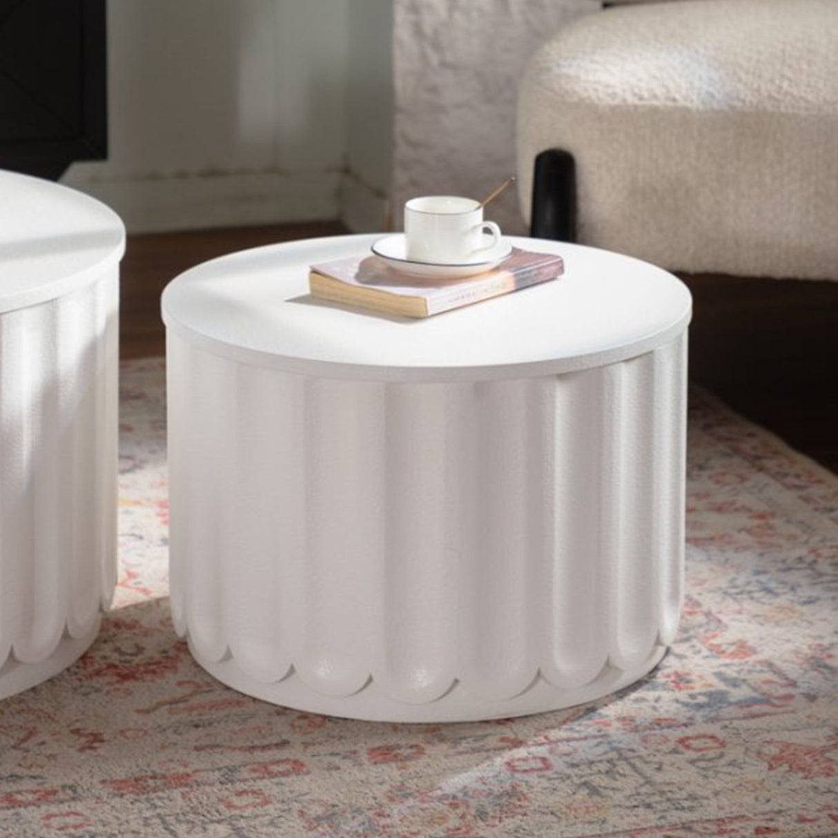 Round Storage Table Set With Lift Off Lid, Nesting Design, Elegant Curved Edge Shape For Living Room - Cream White
