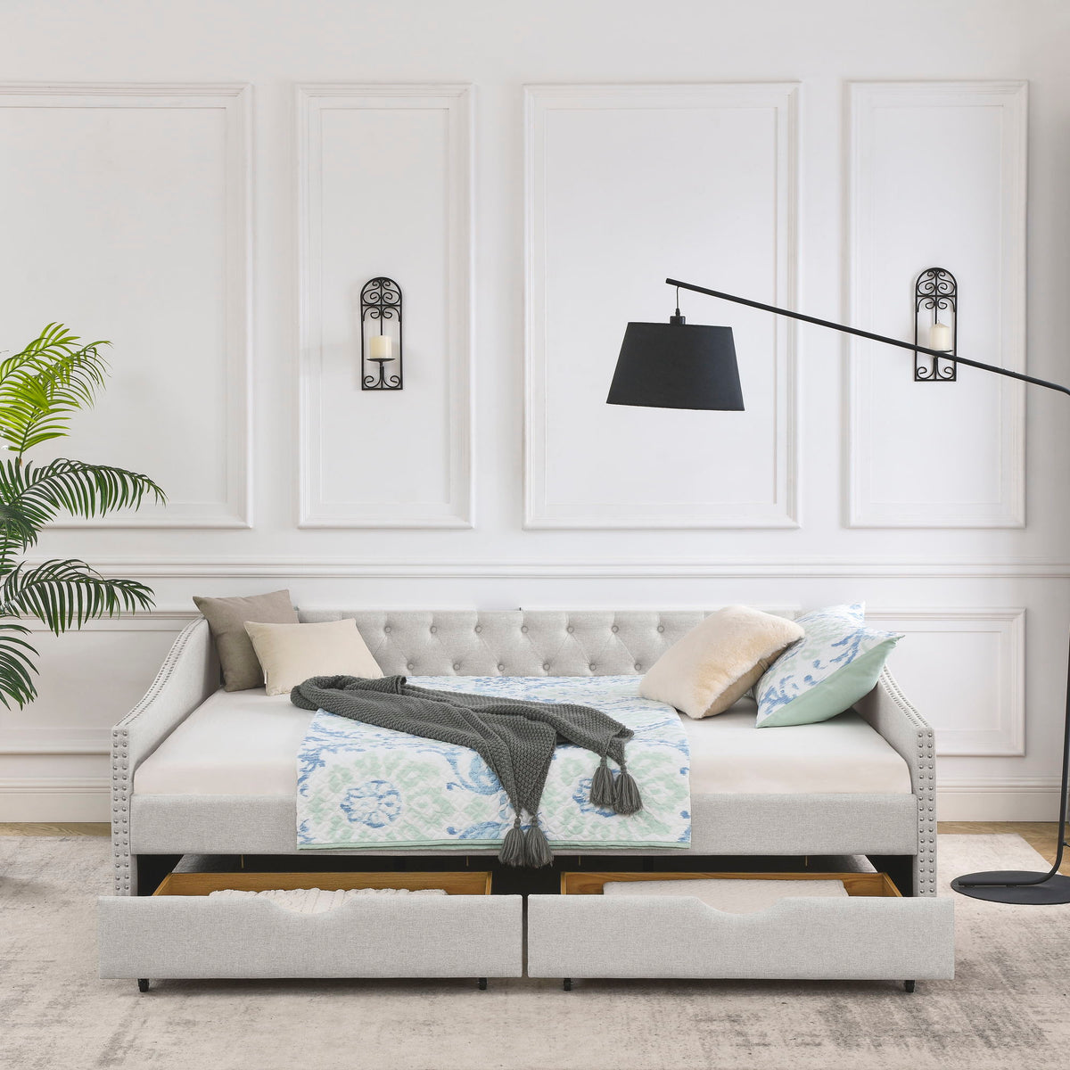 Upholstered Tufted Daybed With Drawers, Waved Arms