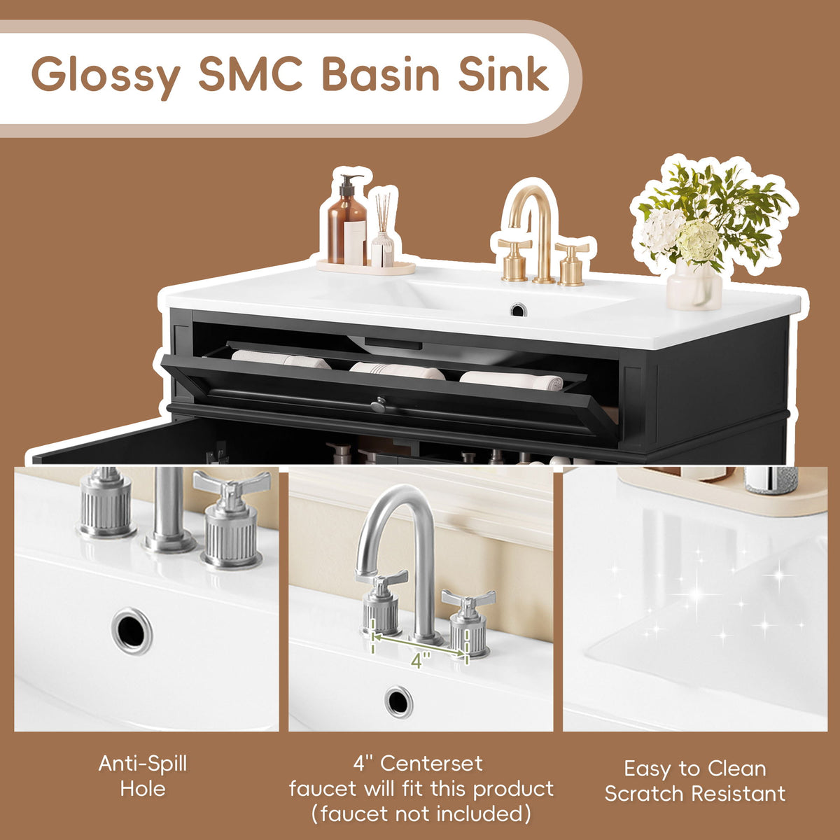 Bathroom Vanity With Sink, Rectangular Storage Cabinet & 2 Drawers And Tip Out Drawer
