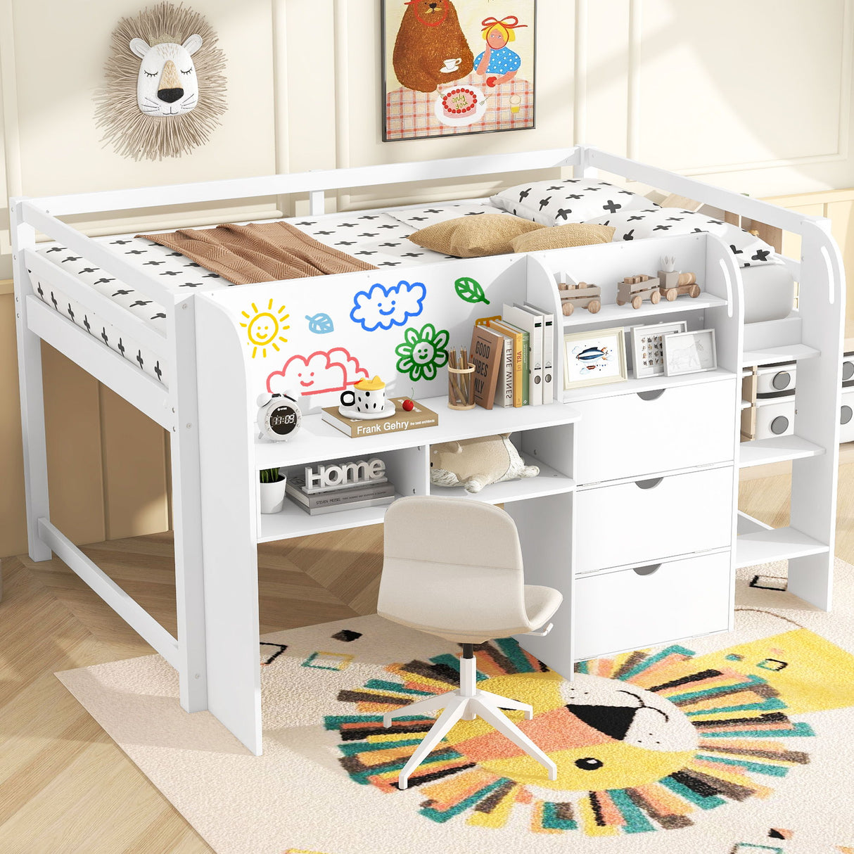 Low Loft Bed With Built In Desk, Storage Cabinets, Open Bookcase And Doodle board