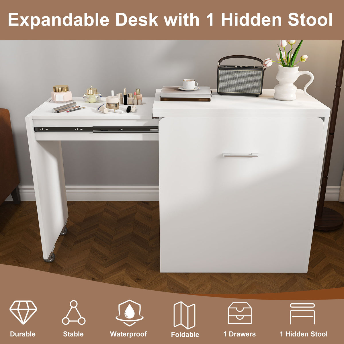 Folding Desk With Mirror And Storage Stool For Bedroom Or Apartment - White