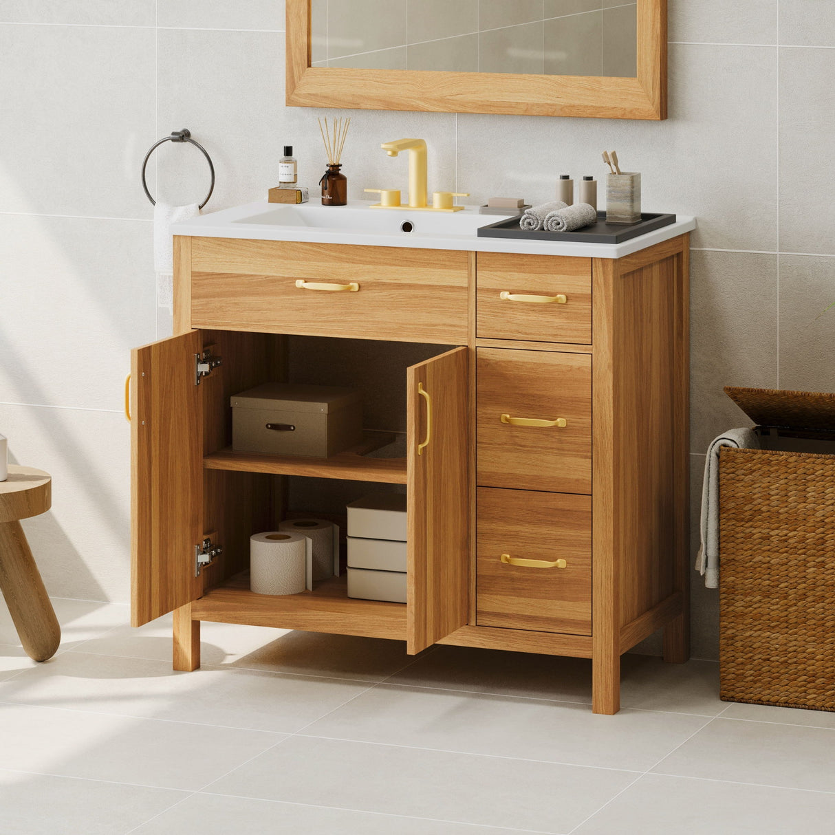 Bathroom Vanity, 2 Soft Close Doors, 3 Soft Close Drawers, Adjustable Shelf - Wood