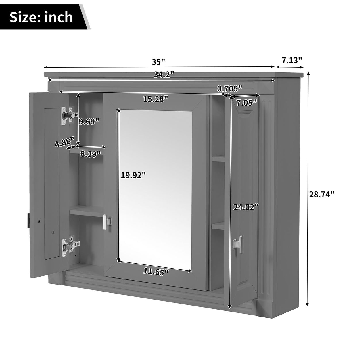 Wall Mounted Bathroom Cabinet With Mirror And 5 Shelves, Rectangular Design