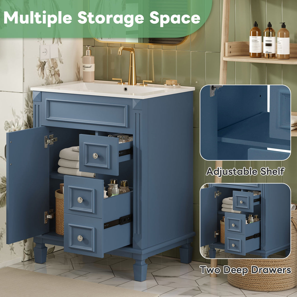 Bathroom Vanity With Sink, Compact Cabinet & 2 Drawers And Adjustable Shelf