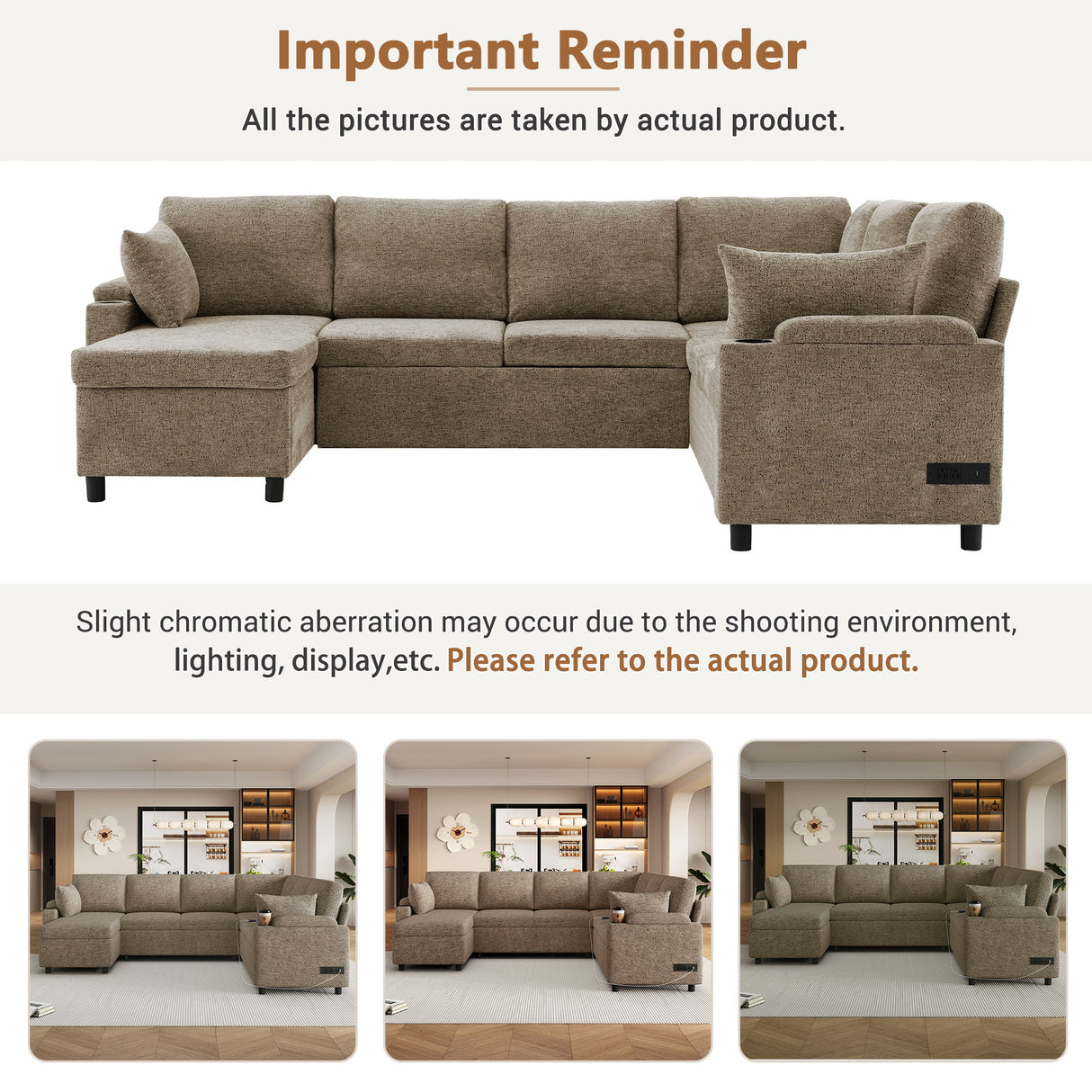 U-Shaped Sectional Sofa Bed With Storage, Charging Ports, And Cup Holders - Brown