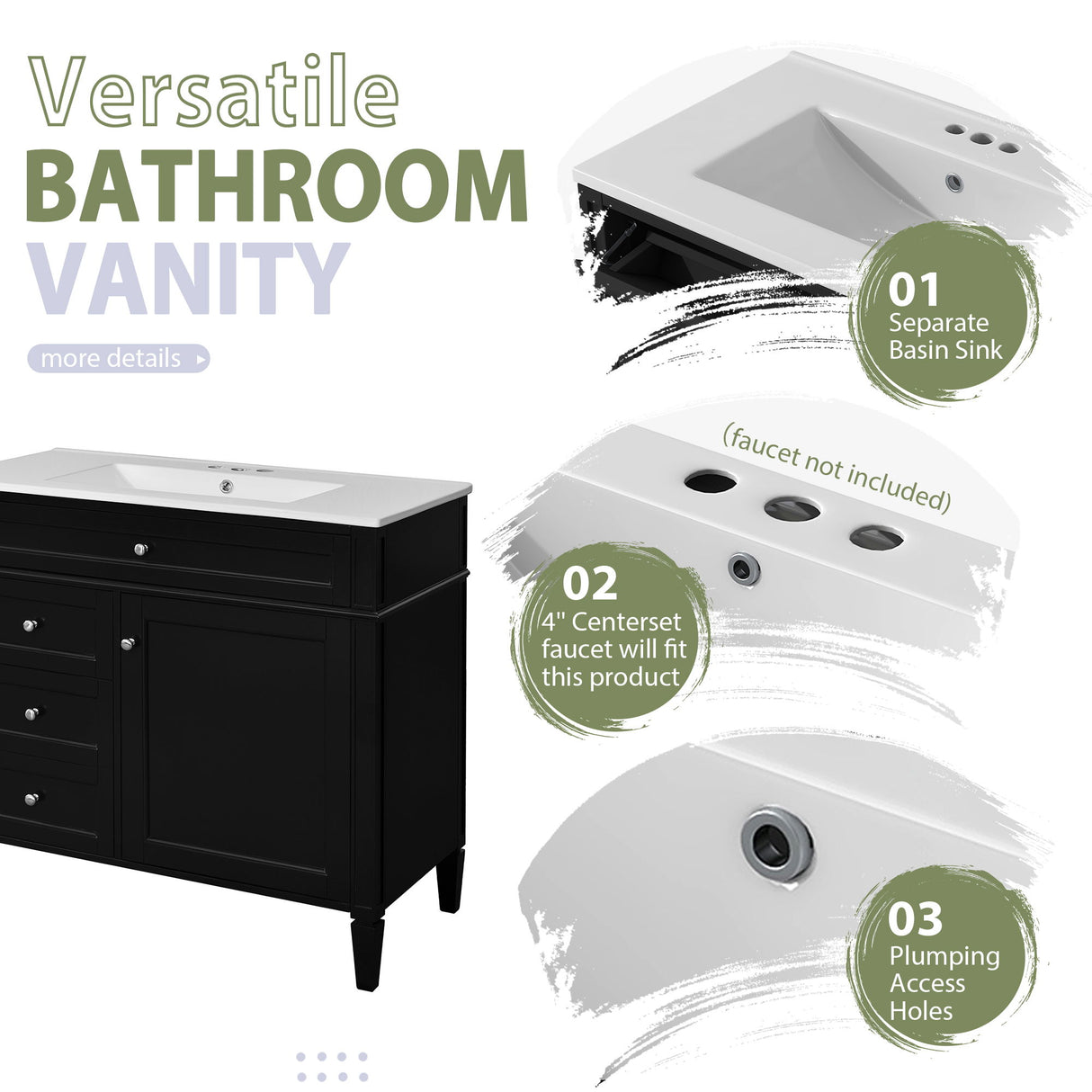 Bathroom Vanity With Mirror Cabinet, Single Sink With 2 Soft Closing Doors And 4 Drawers