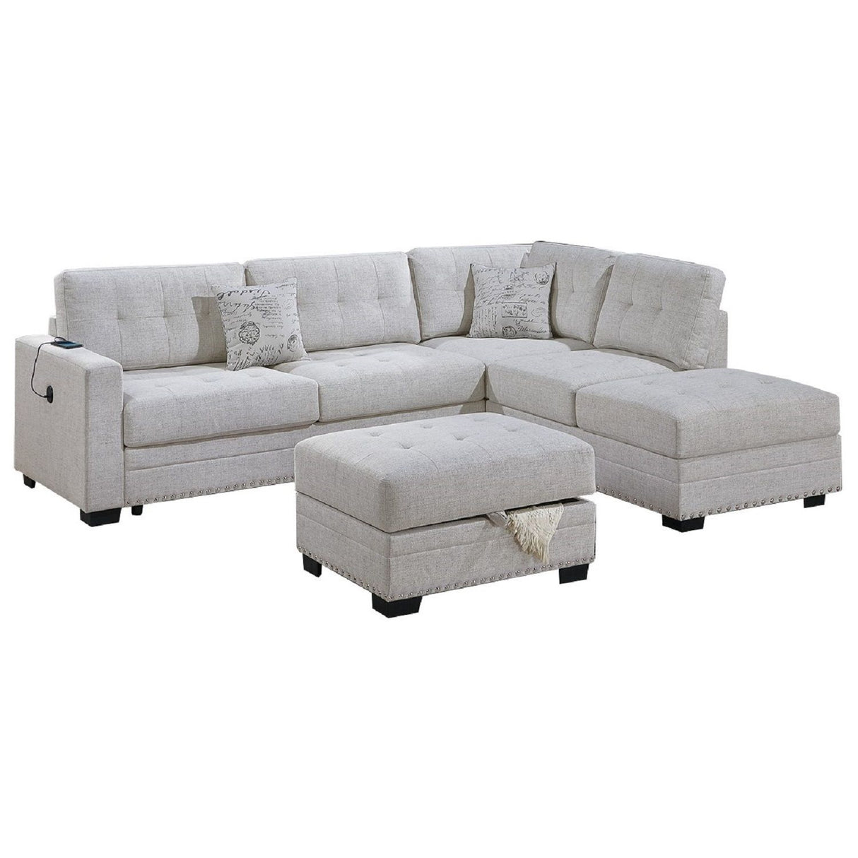 L - Shaped Sectional Sofa Set With Storage Ottoman, Tufted Upholstery Nailhead Trim