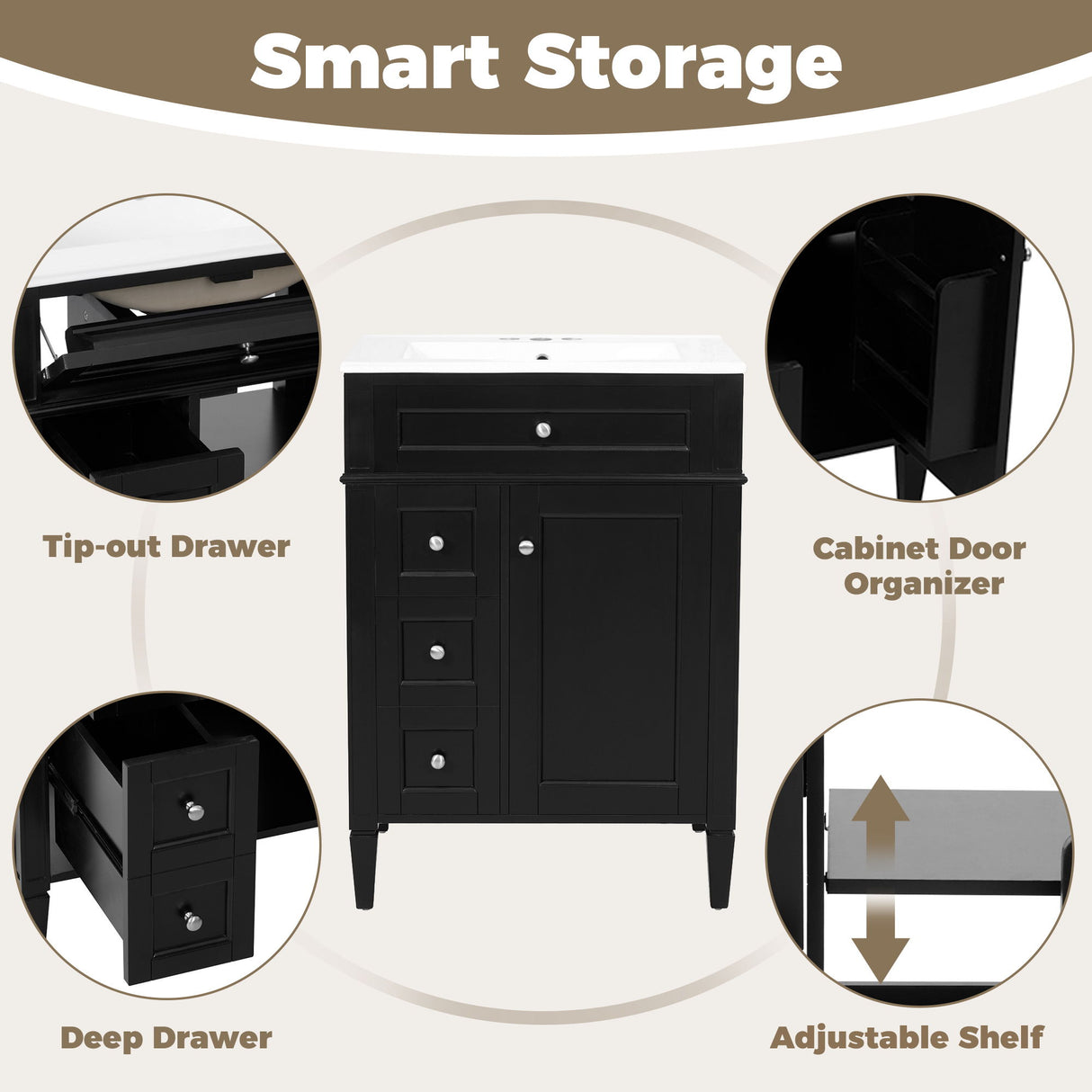 Bathroom Vanity With Top Sink, Storage Cabinet With 2 Drawers And Tip-Out Drawer