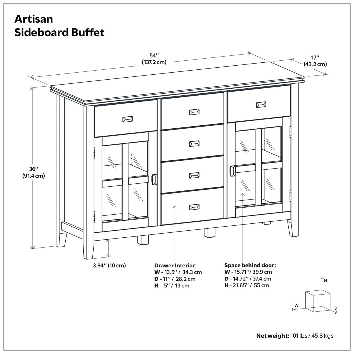 Sideboard Buffet Dining Room Cabinet Solid Wood Storage 54x36in