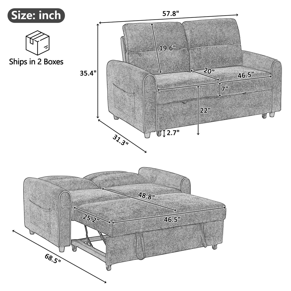 Pull Out Sofa Bed With Adjustable 3 Position Backrest, USB Charging Ports, Side Pockets