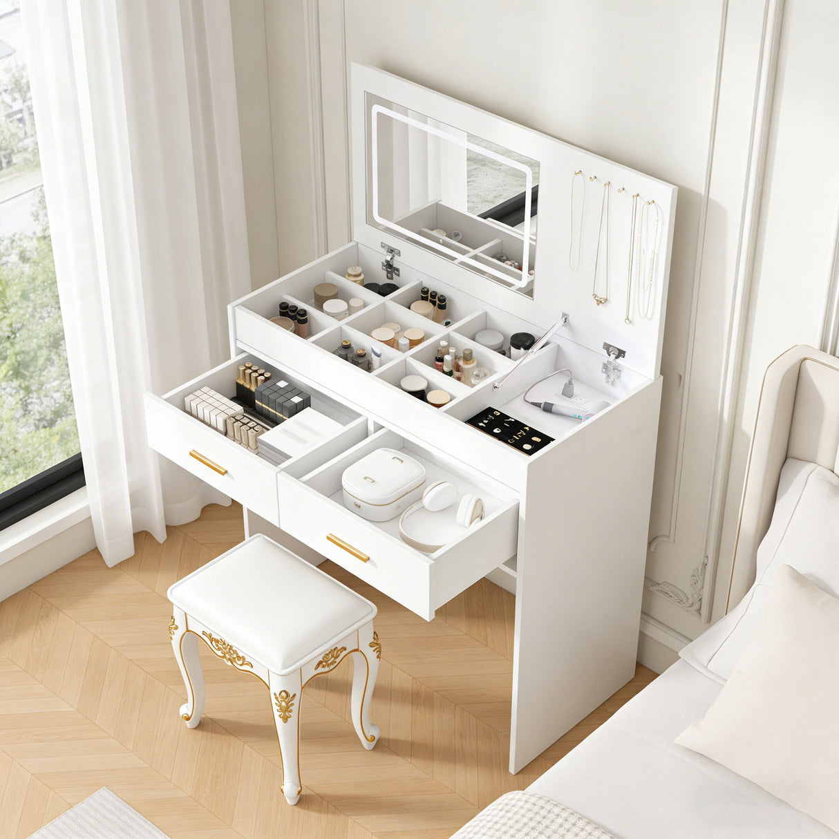Flip Top Vanity Desk With LED Mirror & Outlet Makeup Table With 2 Drawers, Open Storage, And Jewelry Hooks - White